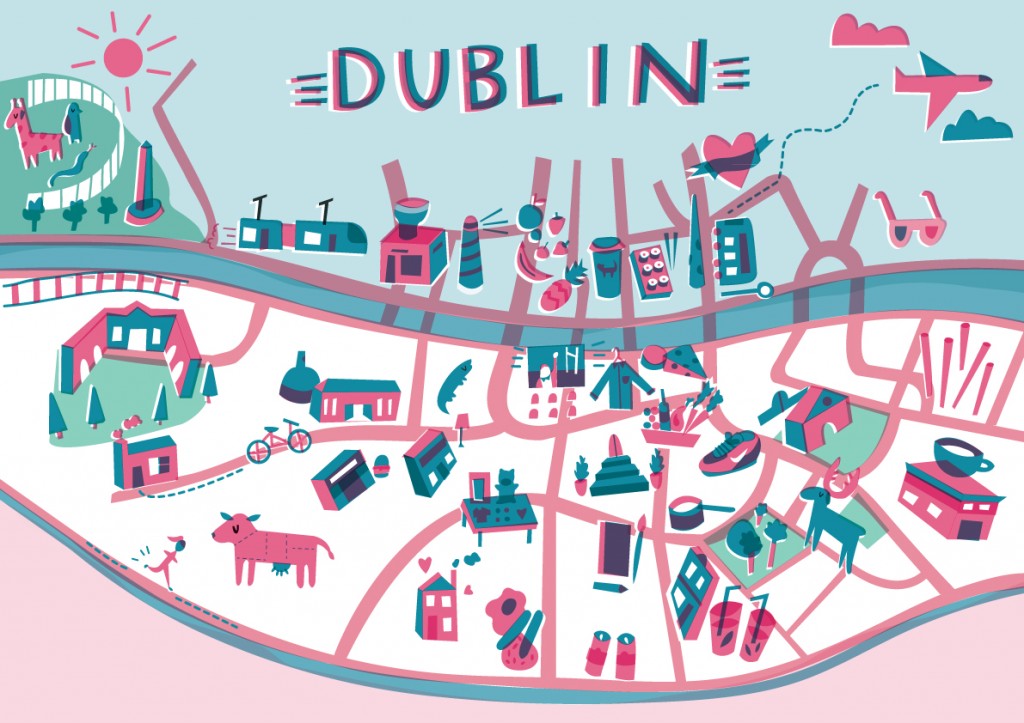 Illustrated map of Dublin, Ireland, travel art Europe