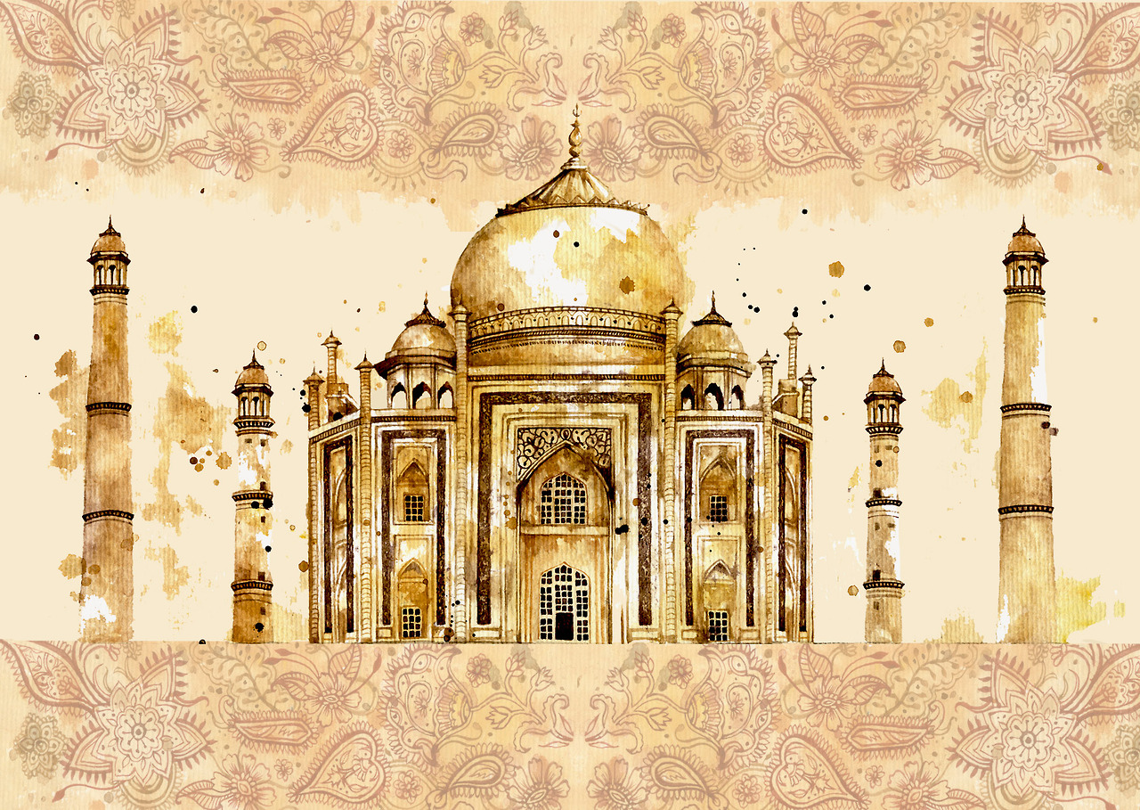 Taj Mahal, India, watercolour paintings, buildings, architecture