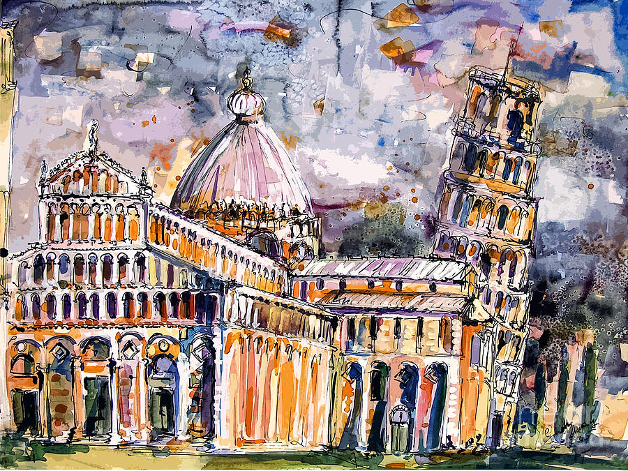 Leaning tower of pisa paintings, sketches of Italy, travel Europe, art