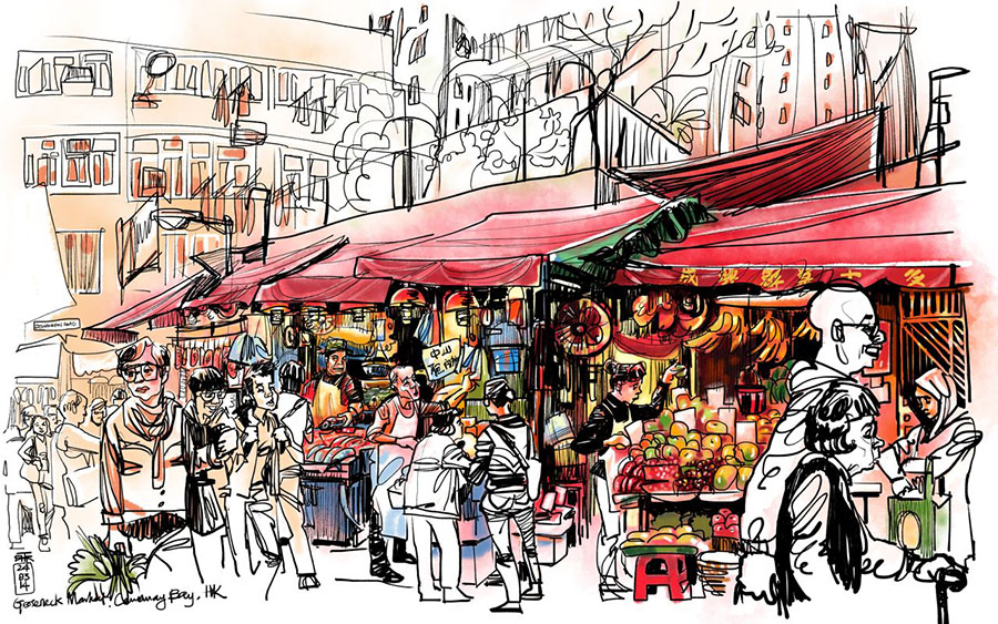 market in Hong Kong, iPad sketching, drawing whilst travelling, Asian art