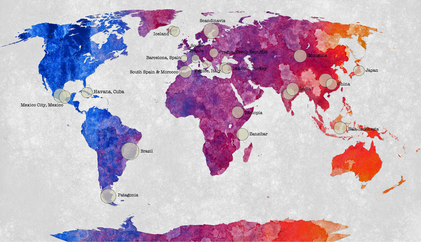 Painted map of the world, art, travel, art destinations