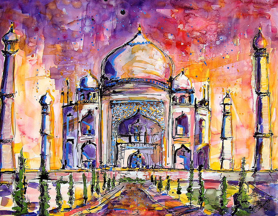 paintings of the Taj Mahal, India art, travel, sketches