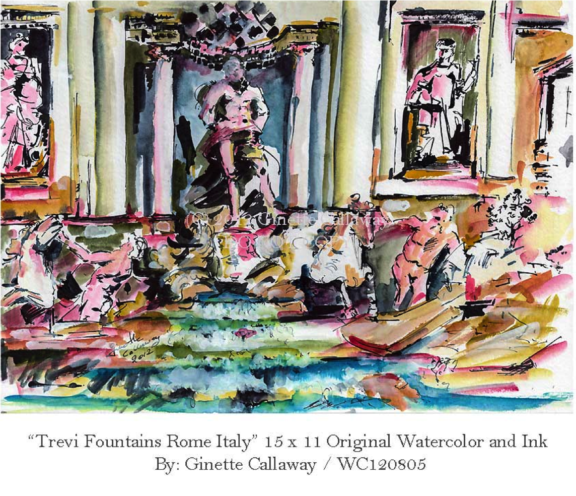 Sketches of the trevi fountains, Rome, Italy art, travel
