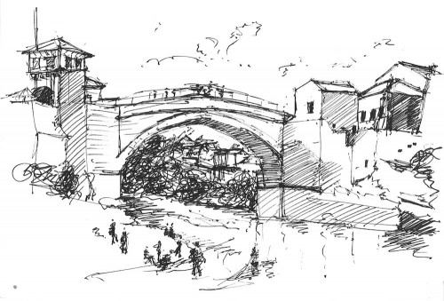 Brian Sewell, sketches of Mostar, Bosnia, art travel